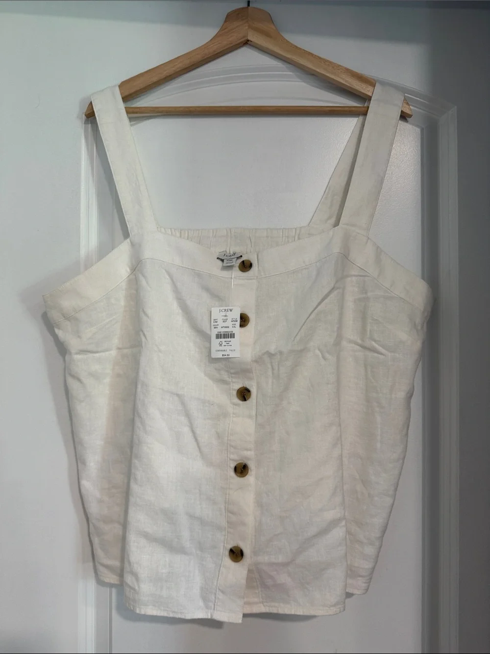 J. Crew Cream Button-Front Linen-Blend Tank Elastic Back Summer Vacation
